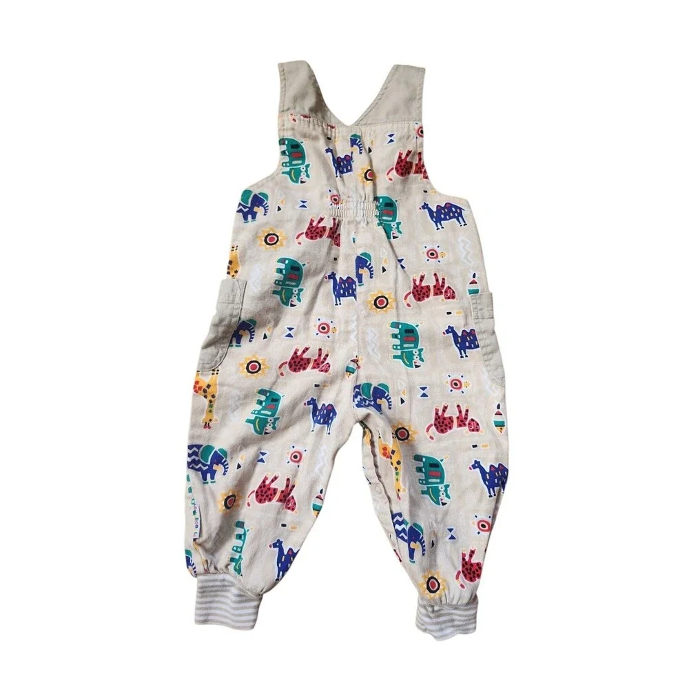 Gymboree Vintage 90s Overalls Size Infant Khaki Cotton Multicolor Animal Novelty